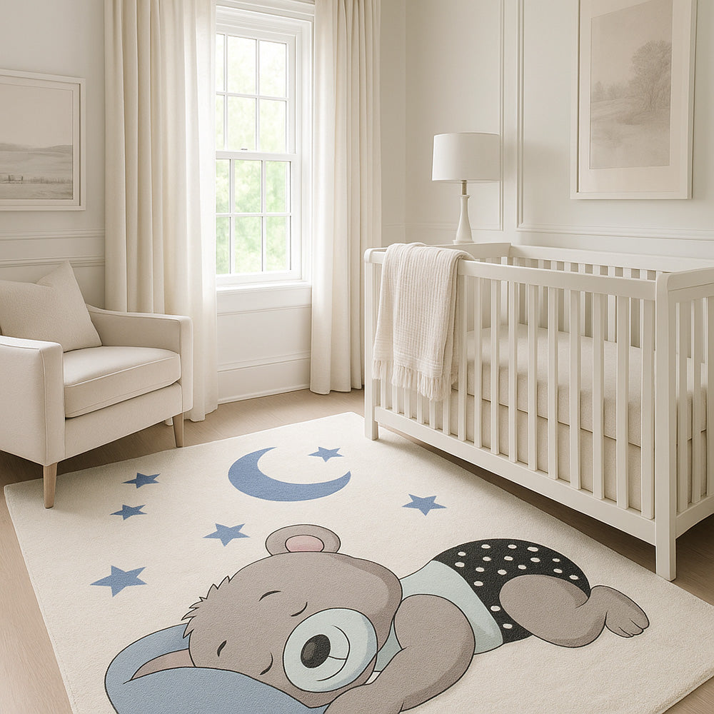 Large Kids Sleeping Bear Design Carpet - Blue and Grey (290x200 cm) - Hercai