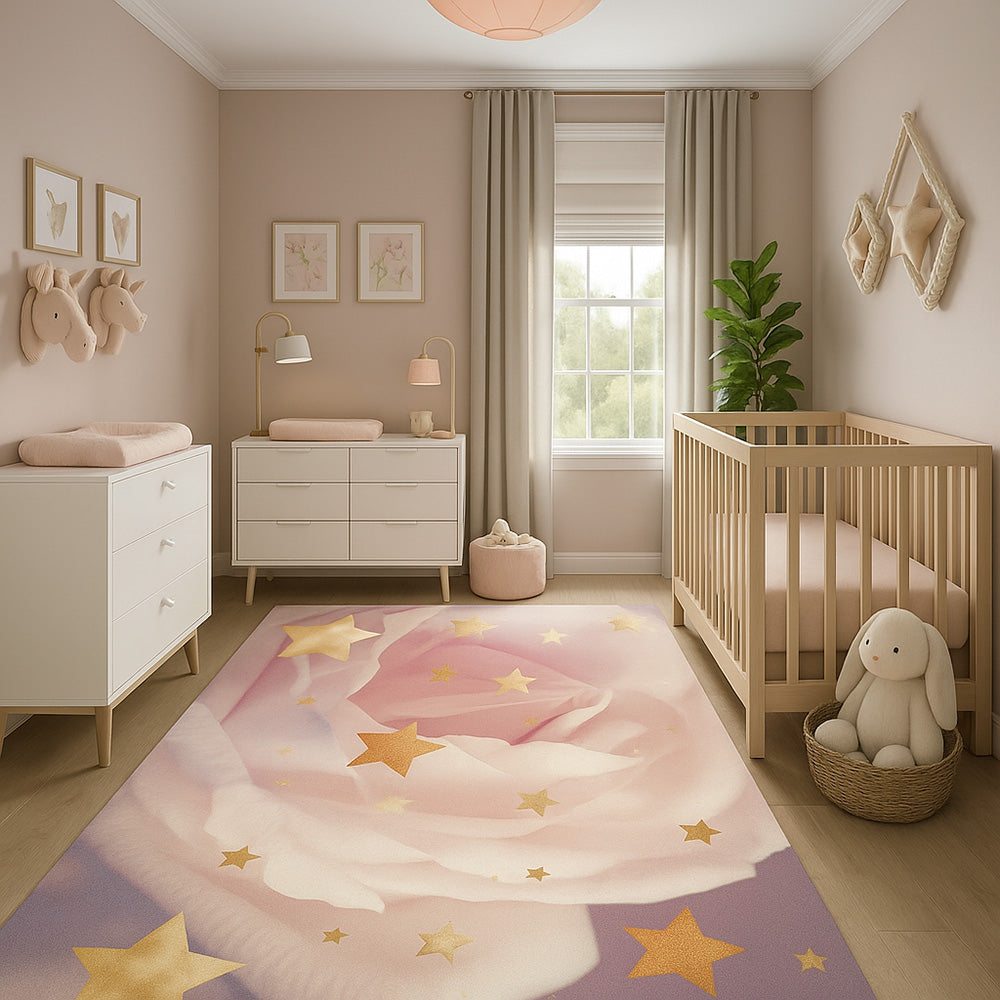 Large Kids Floral Star Design Carpet - Pink (290x200 cm) - Alvi