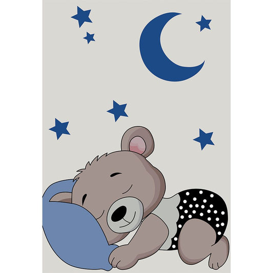 Tapete Grande para Crianças com Design de Urso a Dormir - Azul e Cinzento (290 x 200 cm) - Hercai – para Sala de Estar e Quarto – RugRoyal