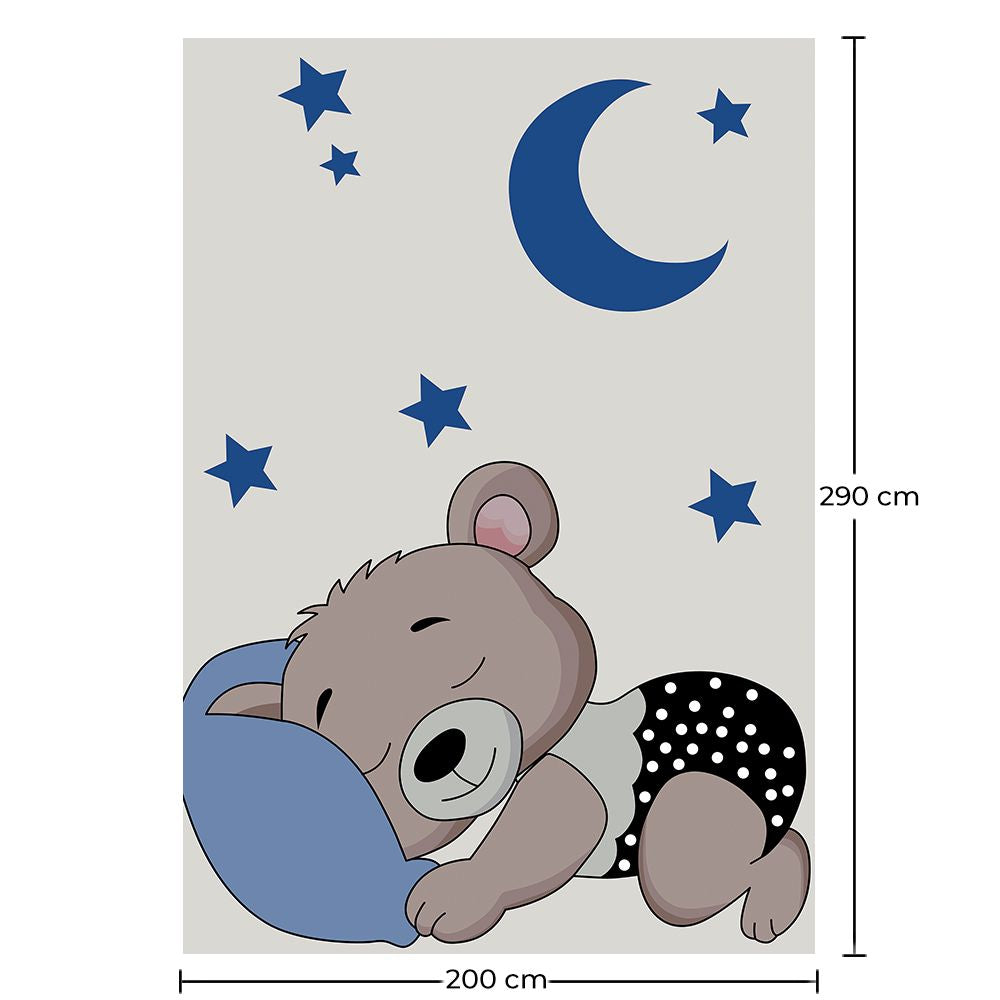 Large Kids Sleeping Bear Design Carpet - Blue and Grey (290x200 cm) - Hercai